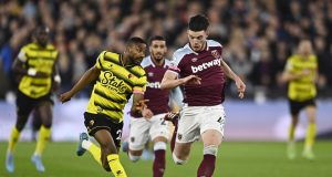 West Ham United's Declan Rice in action with Watford's Emmanuel Dennis REUTERS/Tony Obrien