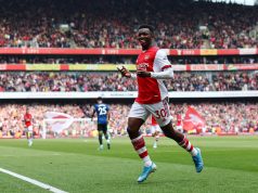 2022 Arsenal's Eddie Nketiah celebrates scoring their second goal which is later disallowed