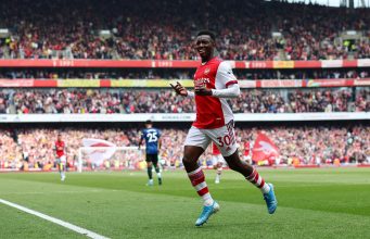 2022 Arsenal's Eddie Nketiah celebrates scoring their second goal which is later disallowed