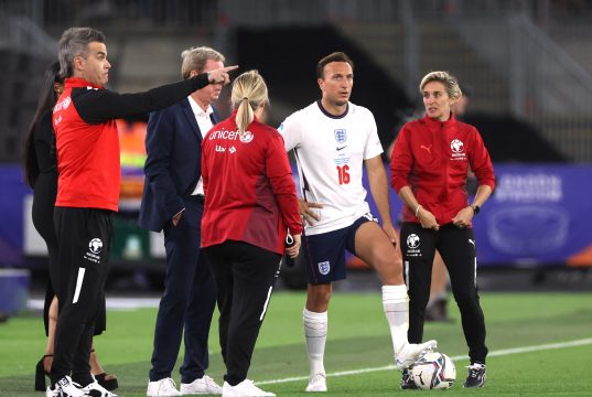 Robbie Williams with England's Harry Redknapp, Emma Hayes, Mark Noble and Vicky Mcclure Action Images via Reuters/Matthew Childs